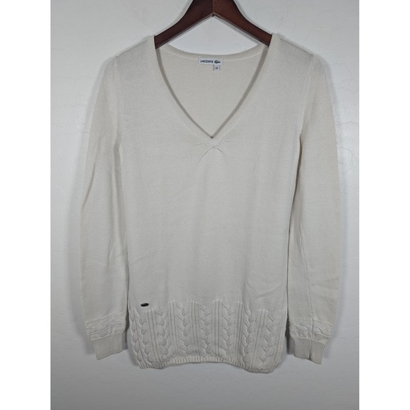 Lacoste Sweaters - Lacoste Sweater Womens 38 Size 6 Cream White V Neck Cable Knit Pullover Logo